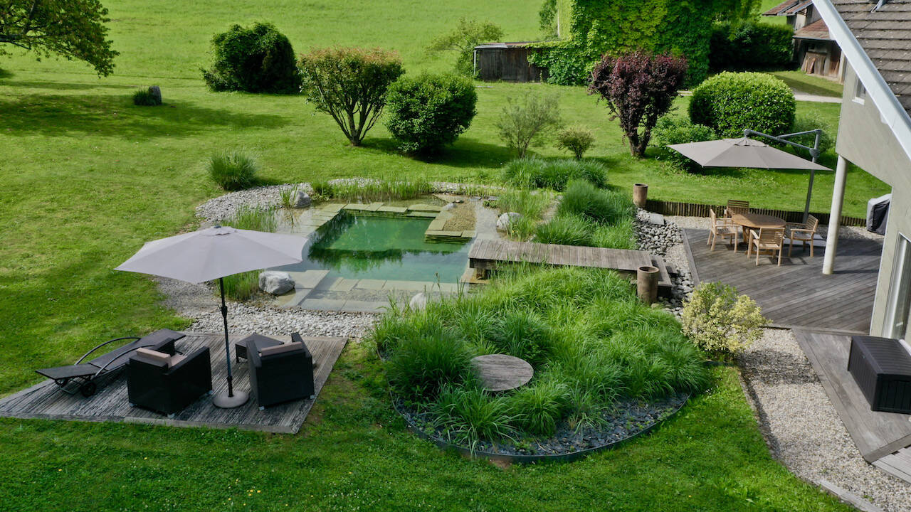 Piscine naturelle intégrée dans un grand jardin paysager